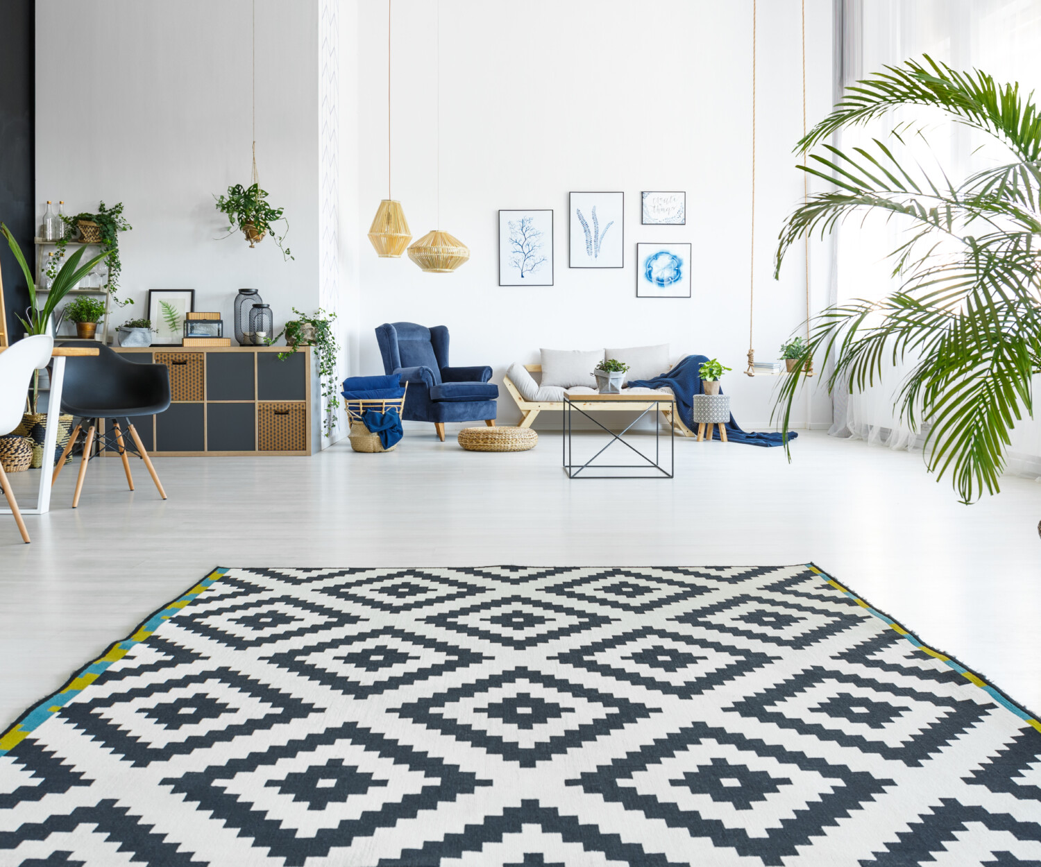 Spacious modern living room with black and white carpet